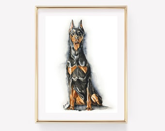 Könnte beinhalten: Aquarellmalerei eines schwarz-braunen Dobermanns, der mit gekreuzten Vorderpfoten sitzt. Der Hund schaut direkt auf den Betrachter.