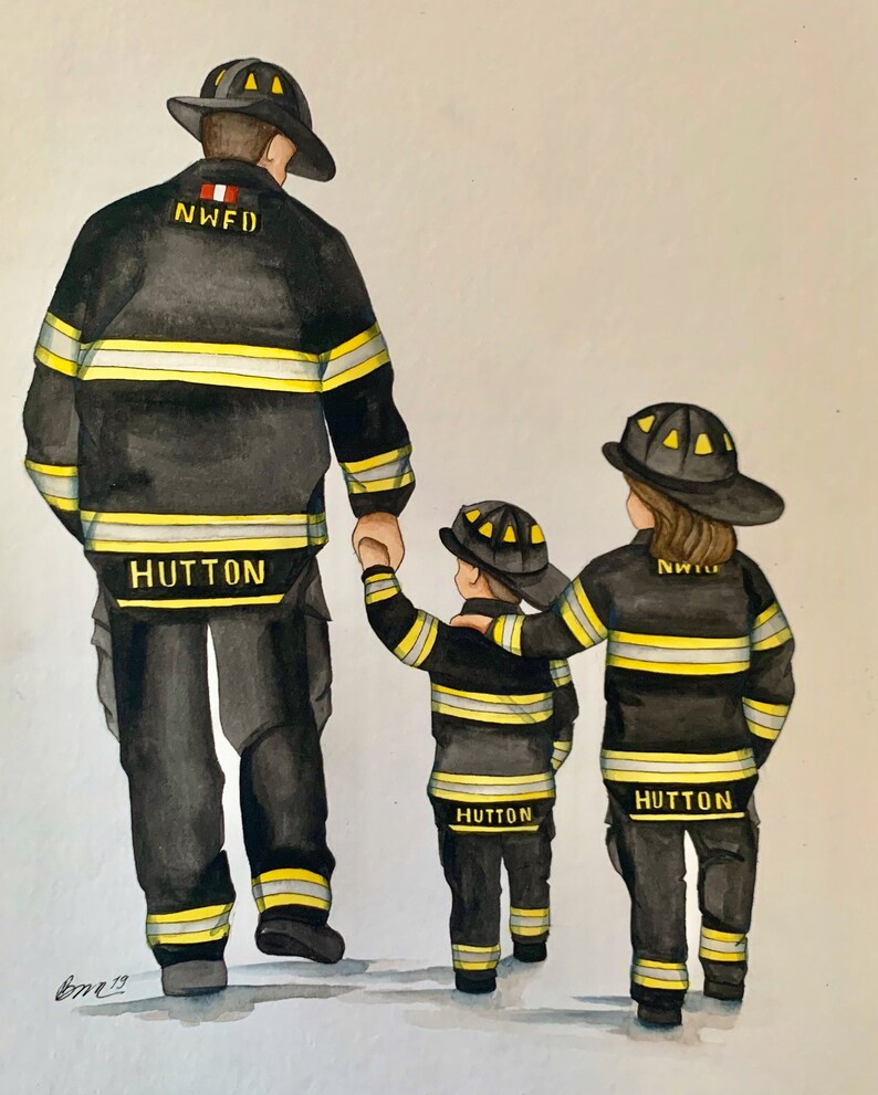 Firefighter and His Son Watercolor. Firefighter Nursery