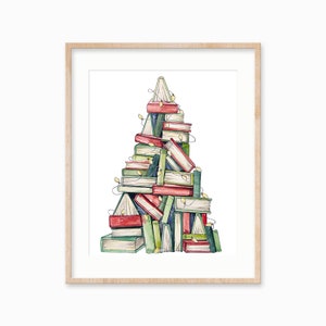 May include: A watercolour painting of a Christmas tree made of stacked books with fairy lights wrapped around them. The books are in shades of red, green, and brown.