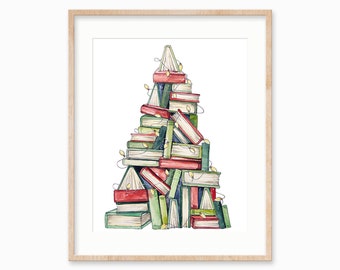 Vakantieboek stapelboom. Kerstboom kunst aan de muur. Boekenliefhebber decor. Kerstboeken. Vakantie muurkunst.