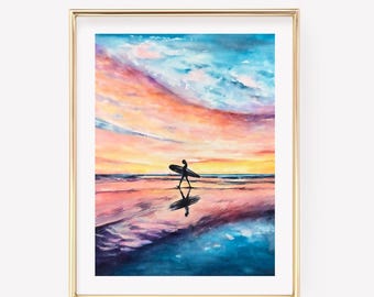 Surf girl print. Surfing wall art. Surfer wall decor. Sunset Surfer art. Beach sunset wall art