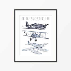 Oh the Places You'll Go の子供部屋用プリント。ビンテージの飛行機の子供部屋用アート。飛行機の子供部屋用装飾。