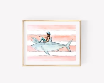Cowgirl Mermaid Art Print. Coastal Cowboy Decor. Teen Girl Wall Art. Shark Decor