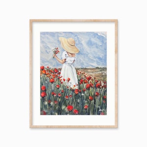 Girl in a Poppy field Art. Poppies watercolor print, Floral watercolor print. Girl Room decor.