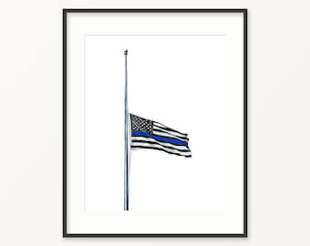 May include: A black and white American flag with a blue stripe across the middle, flying at half-mast on a pole.