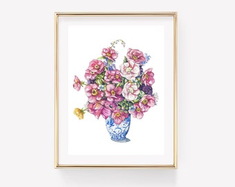 Chinoiserie Floral watercolor print. Blue and white vase with flowers. Grandmillenial art. Chinoiserie art. Pink flowers wall art.