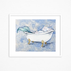 Mermaid in bath art. Mermaid in tub art. Mermaid Tail wall decor. Mermaid bathroom art print. Bathroom wall art.