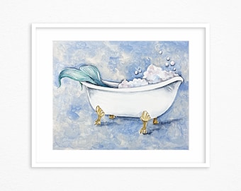 Mermaid in bath art. Mermaid in tub art. Mermaid Tail wall decor. Mermaid bathroom art print. Bathroom wall art.