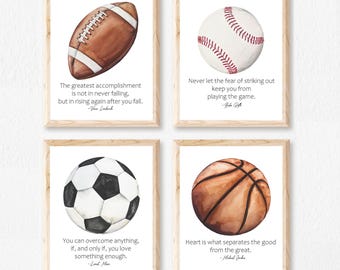 Sports Nursery room decor. set of 4 sports ball prints. soccer decor. football wall art. basketball art. sports quotes wall art