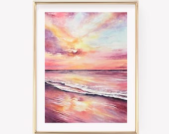 Pink Sunset Watercolor Print. Beach Sunset Watercolor. Beach sunset wall art