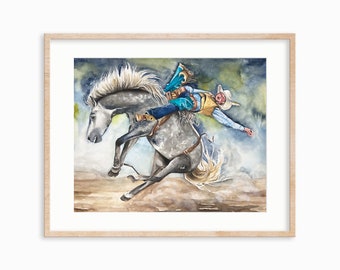 Paard kunst aan de muur. Bucking Bronco-kunst. Bucking Bronco aquarel. Kleine Cowboy-decor. Kunst aan de westelijke muur. Cowboy kunst aan de muur. Rodeo kunst aan de muur.