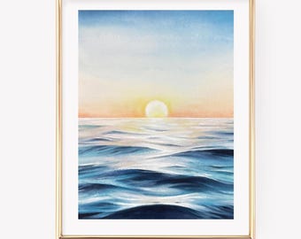 Sunset Waves Watercolor Print. Ocean Sunset Watercolor. Beach sunset wall art. Ocean Sunset Art