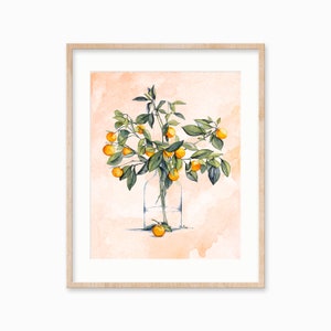 Oranges Watercolor decor. Orange branch decor. Orange tree vase. Kitchen Wall art.