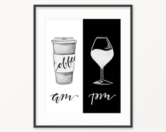 Ready to ship Coffee Decor. Coffee Watercolor Print. Wine lover decor. Wine and coffee art. AM and PM art print.