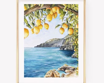 Lemons in Italy Watercolor. Amalfi inspired Watercolor print. Lemons Art.