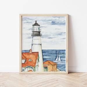 Portland Head Lighthouse watercolor print. Cape Elizabeth, ME watercolor. Lighthouse decor. Maine Seacoast art print.