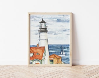 Akvarelltryck av fyren i Portland Head. Akvarell av Cape Elizabeth, Maine. Fyrdekor. Konsttryck av kusten i Maine.
