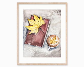 Fall watercolor print. Fall leaves wall art. Coffee decor. Fall wall art. Fall decor. bibliophile decor.