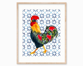 Galo de Barcelos art print. Portuguese wall art. Barcelos Rooster Decor. Portuguese tiles wall art. Azulejos wall art. Portuguese symbol.