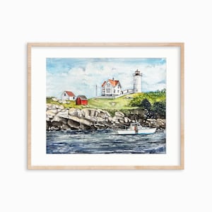 Impresión de acuarela del faro de Nubble, lista para enviar. Acuarela de York, Maine. Decoración de faro. Impresión artística de la costa de Maine.