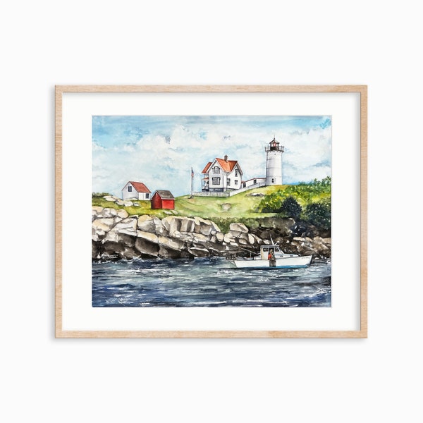 Ready to ship Nubble lighthouse watercolor print. York, ME watercolor. Lighthouse decor. Maine Seacoast art print.