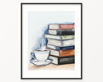 Lettore di caffè Stampa ad acquerello. Libri e caffè Arte della parete. Decorazione murale cristiana. Libri a tema domenicale. Decorazioni bibliche.