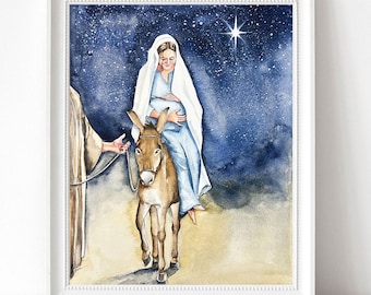 Arte ad acquerello di Maria. Maria e Gesù. Arte religiosa. Arte di Gesù. Decorazioni cristiane. Decorazioni per la festa della mamma. Decorazioni murali natalizie.