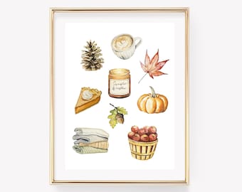 Stampa artistica da parete autunnale, acquerelli autunnali preferiti, elementi essenziali dell'autunno