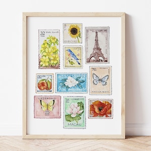 Vintage Stempel Aquarell Druck. Briefmarkensammlung Kunst. Stempel Kunstdruck.