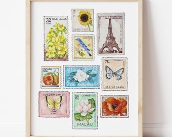 Vintage Stamps Watercolor Print. Stamp Collection Art . Stamps Art Print.