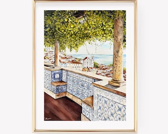 Lisbon Portugal Watercolor Print. Miradouro de Santa Luzia. Lisbon wall Art.