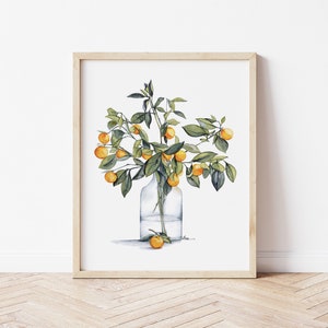 Oranges Watercolor decor. Orange branch decor. Orange tree vase.