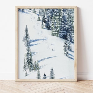 Skiing watercolor print. Skiers Wall Decor. Ski Wall Decor. Skiing decor. Skier gift ideas.