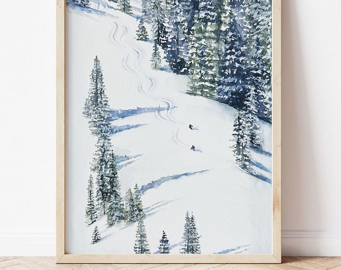 Skiing watercolor print. Skiers Wall Decor. Ski Wall Decor. Skiing decor. Skier gift ideas.