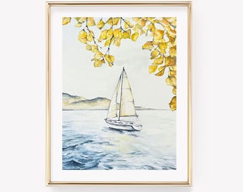 Stampa ad acquerello di una barca a vela autunnale. Autunno nel New England.