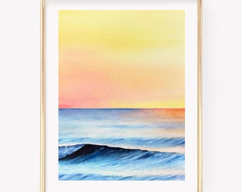 Sunset Wave Watercolor Print. Beach Sunset Watercolor. Beach sunset wall art. Ocean Sunset Art
