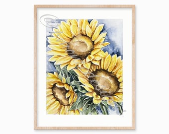Prêt à expédier Sunflowers Watercolor Print. Décor de tournesol. Art mural de tournesol.