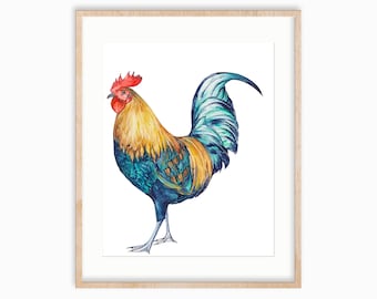 May include: A watercolor painting of a rooster with a red comb and wattle, blue and green feathers, and a yellow body. The rooster is standing on a white background.