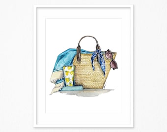 Strandaccessoires Aquarelprint. Stranddecor kunstprint. Strandmusthaves. Mode illustratie.