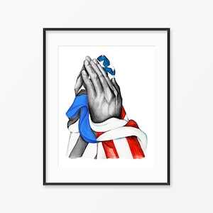 Police/American Flag decor. Praying hands art. Law enforcement Watercolor print. Thin Blue Line Art. American flag print.