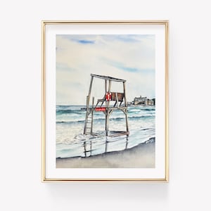 Narragansett Beach Art Print. Narragansett Decor. Rhode Island art. Rhode Island Watercolor Print. Beach House Decor. Lifeguard Chair art.