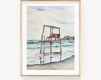 Narragansett Beach Art Print. Narragansett Decor. Rhode Island art. Rhode Island Watercolor Print. Beach House Decor. Lifeguard Chair art.