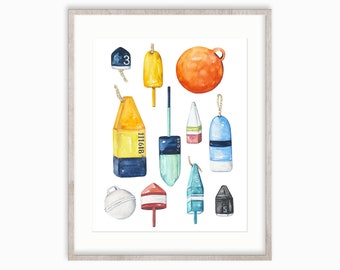 Buoys Watercolor Print. Buoys Wall Art. Buoy Art. Nautical Decor. Nautical Art.