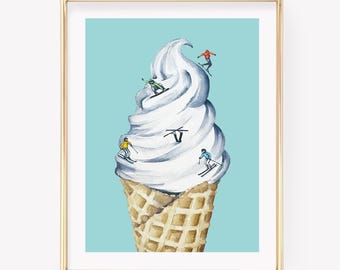 Skiing Snowboarding Art Print: Ice Cream Mountain, Winter Wall Decor