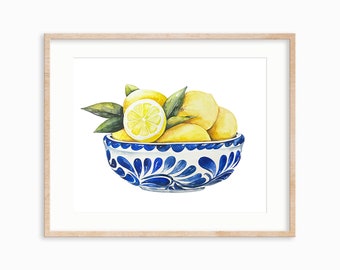 Lemon watercolor print. Lemon wall art. Lemon art print. Kitchen decor. Kitchen Wall art. Chinoiserie watercolor art.