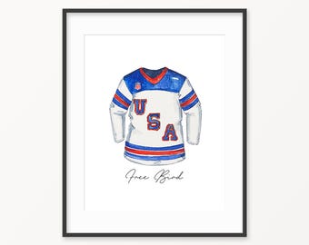 Hockey watercolor Print. Hockey jersey. Free Bird Watercolor Print. USA Hockey Art