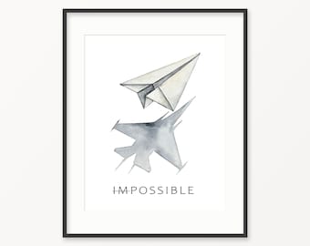 Paper Plane Watercolor Print. Fighter Jet Nursery Art. Airplane Nursery decor. Anything is Possible Art.