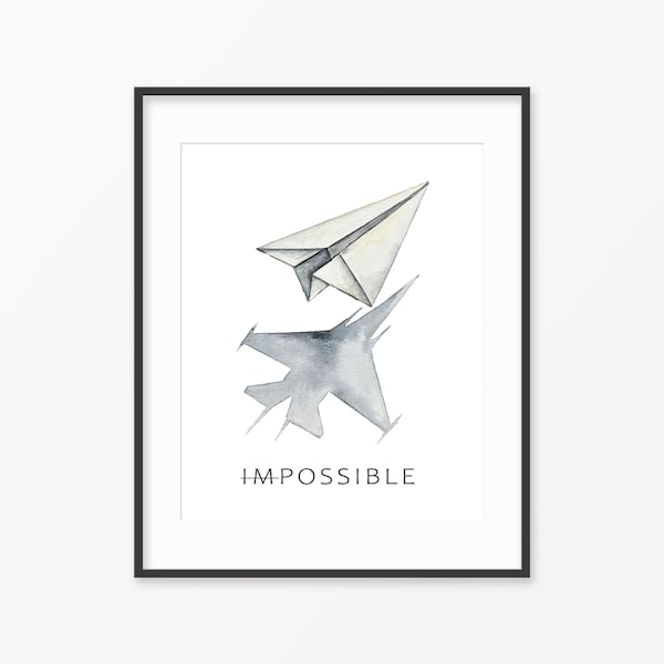 Paper Plane Watercolor Print. Fighter Jet Nursery Art. Airplane Nursery decor. Anything is Possible Art.