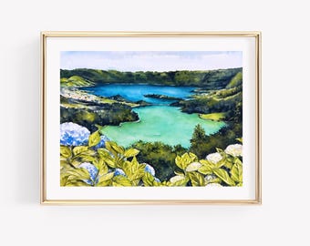Azores wall art. Sao Miguel Wall art. Portuguese wall decor. Lagoa das Sete Cidades. Azores Watercolor