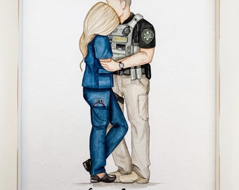 First Responder couple watercolor. Nurse and Police Officer Watercolor. Couple portrait